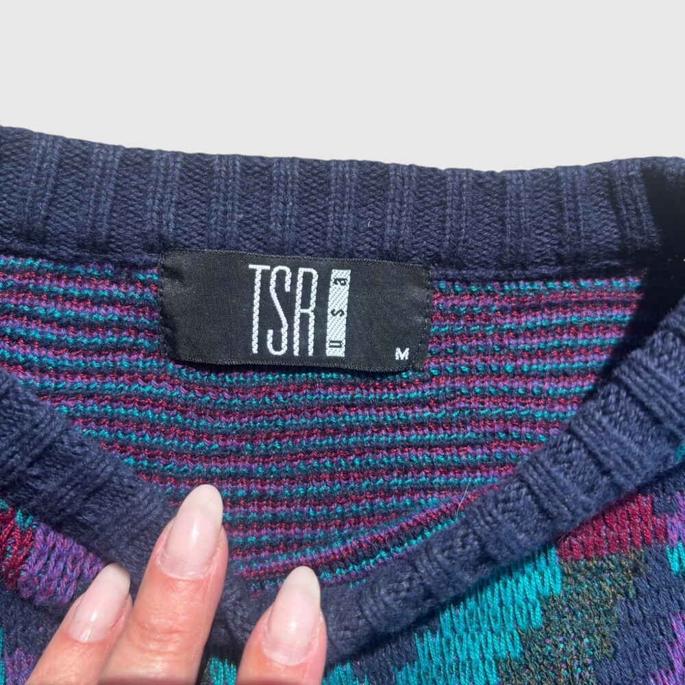 TSR Vintage 90s Abstract Geometric Crewneck Sweater Navy Multicolor USA Made M - Picture 4 of 10